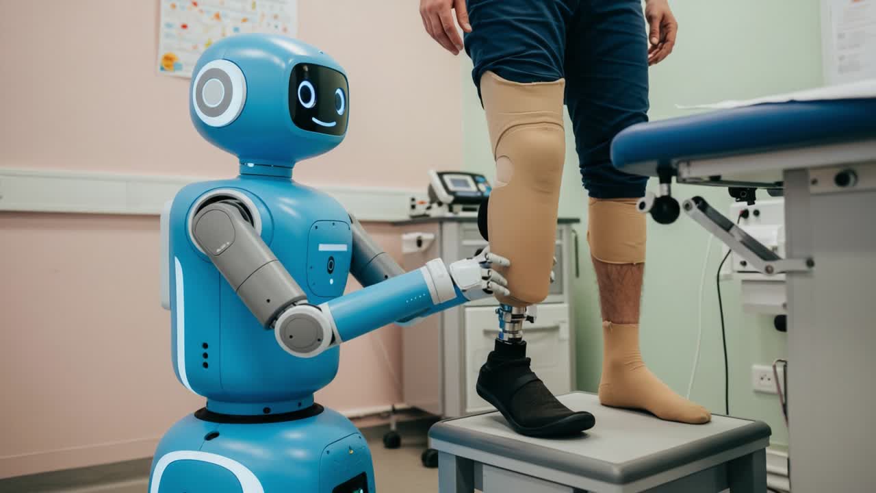 A Friendly Robot Assisting a Patient with a Prosthetic Leg During a Rehabilitation Session, Showcasing the Future of Robotics in Healthcare and Human-Aid Technology