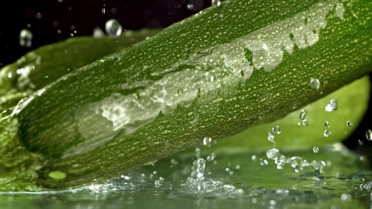 Acqua che schizza al rallentatore su zucchine verdi fresche.