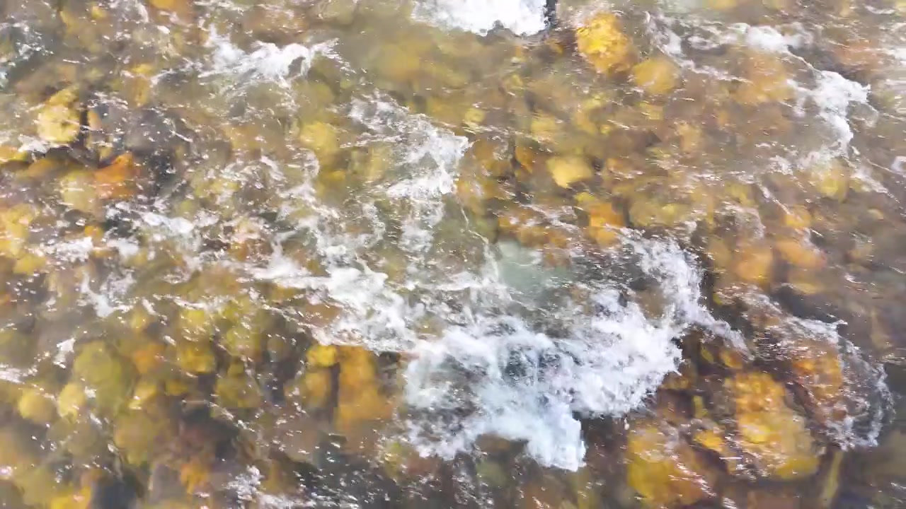 Overhead view of a shallow freshwater stream rushing over smooth riverbed rocks and pebbles.
