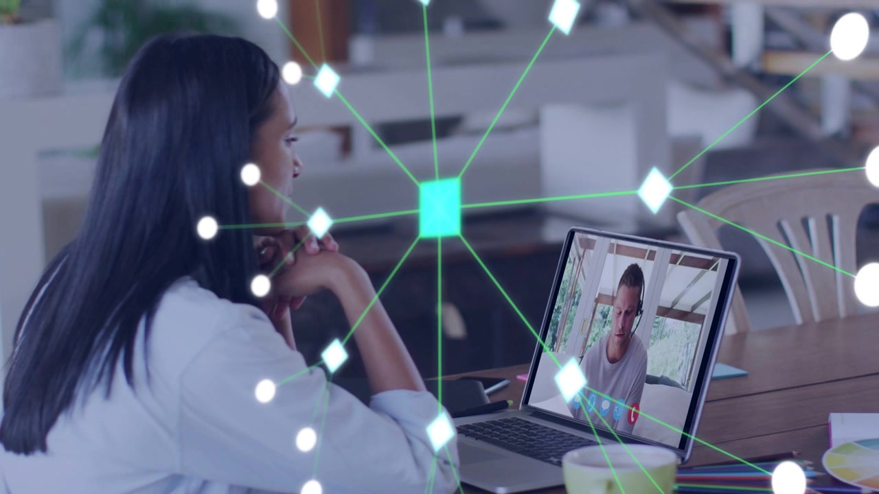 Woman using laptop at table, call connecting and expanding cyan network overlay visualizing tech