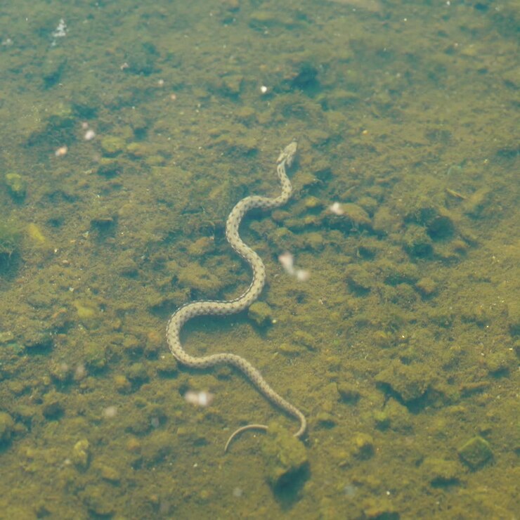 Snake underwater. Snake floats under the surface of the water.