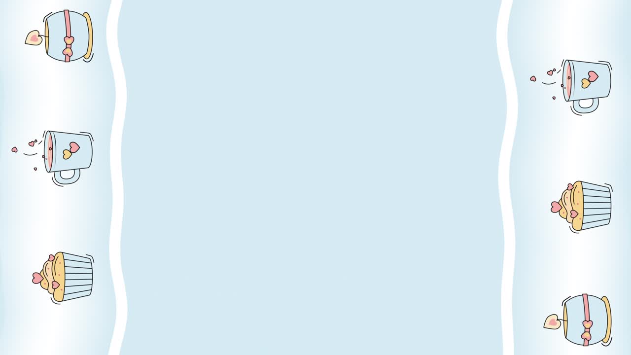 4k video of cartoon little cake, candle and a cup of hot drink on blue background.