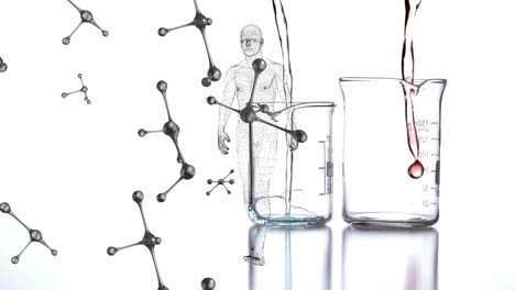 Animation-of-falling-molecules-and-human-body-model-over-white-background