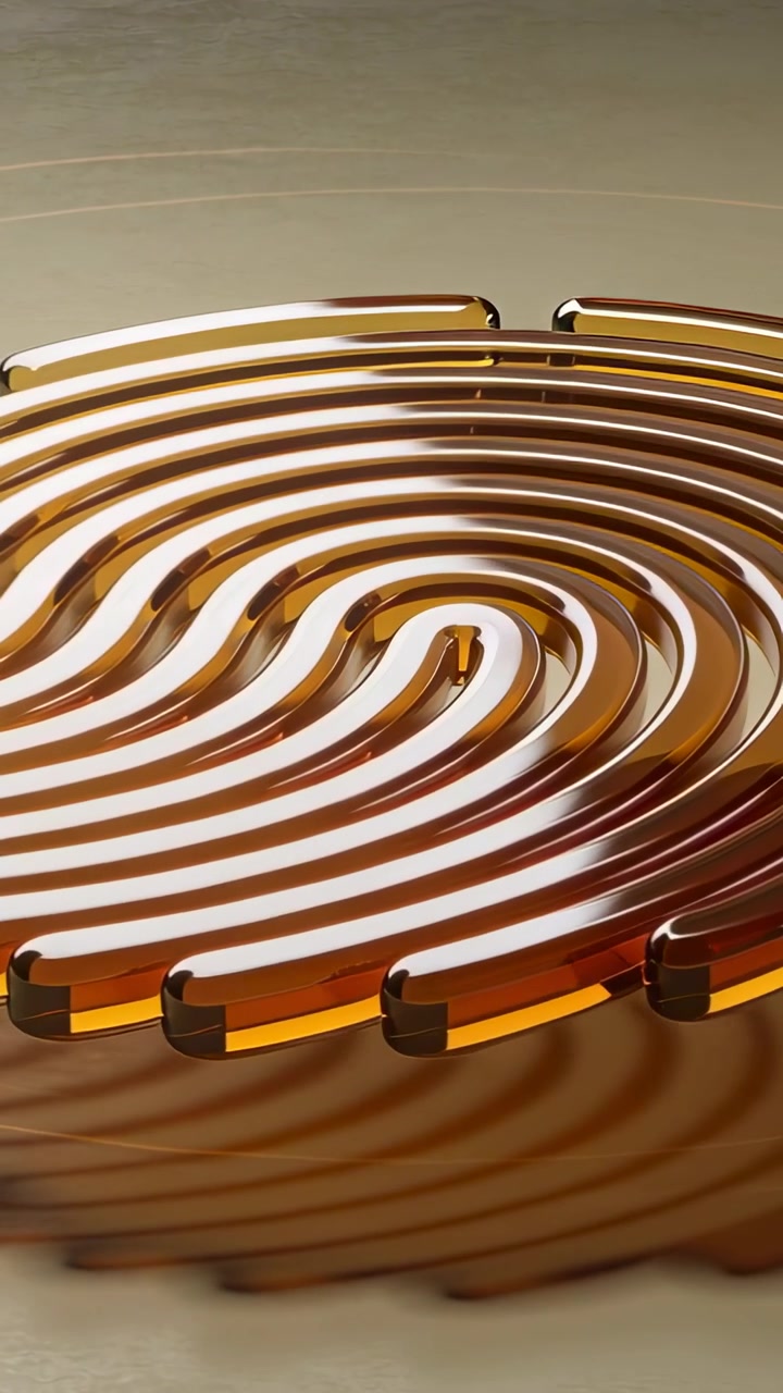 Video verticale: Telecamera che si allontana e ruota, rivelando in studio una scultura a spirale color ambra e uno specchio.