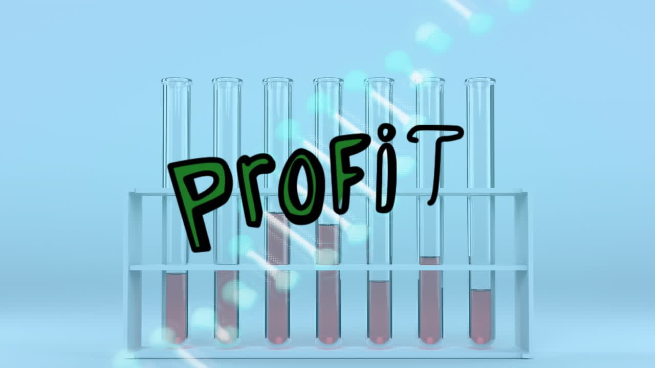 Animation of profit text and dna strand over test tubes