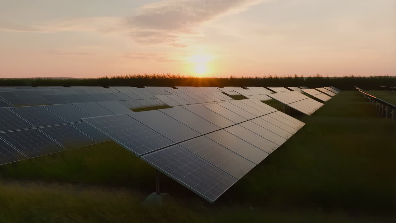 Solpanelfarm ved solnedgang