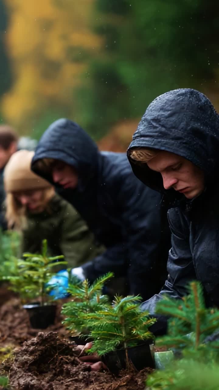 A dedicated group of individuals working together in the outdoors, planting young saplings in a reforestation effort, demonstrating environmental care and commitment to nature conservation