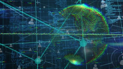 Animation-of-financial-graphs,-globe,-cube-and-connections-in-navy-digital-space