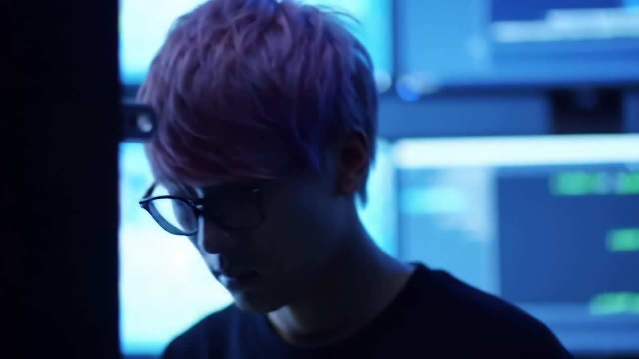 A Focused Individual Engages with Technology, Interacting with a Digital Safe While Surrounded by Glowing Screens in a Dimly Lit Environment