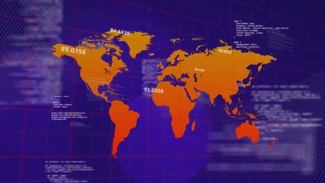 Animation-of-data-processing-over-world-map-against-digital-wave-and-spots-of-light