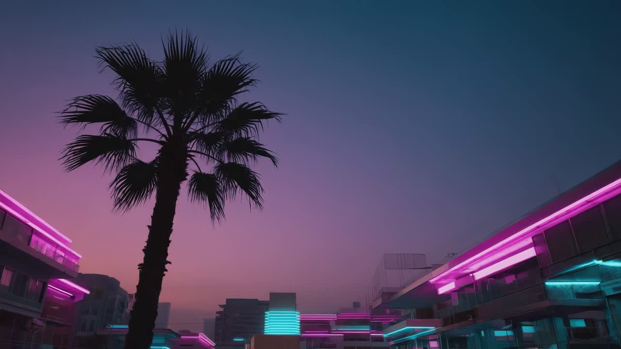 Neon Lit Cityscape with Palm Tree