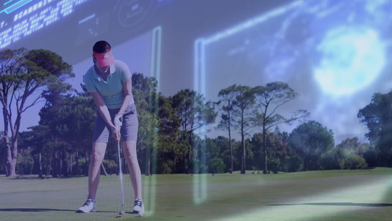Woman golfer standing on green, displaying animated distance chart overlay for sports technology