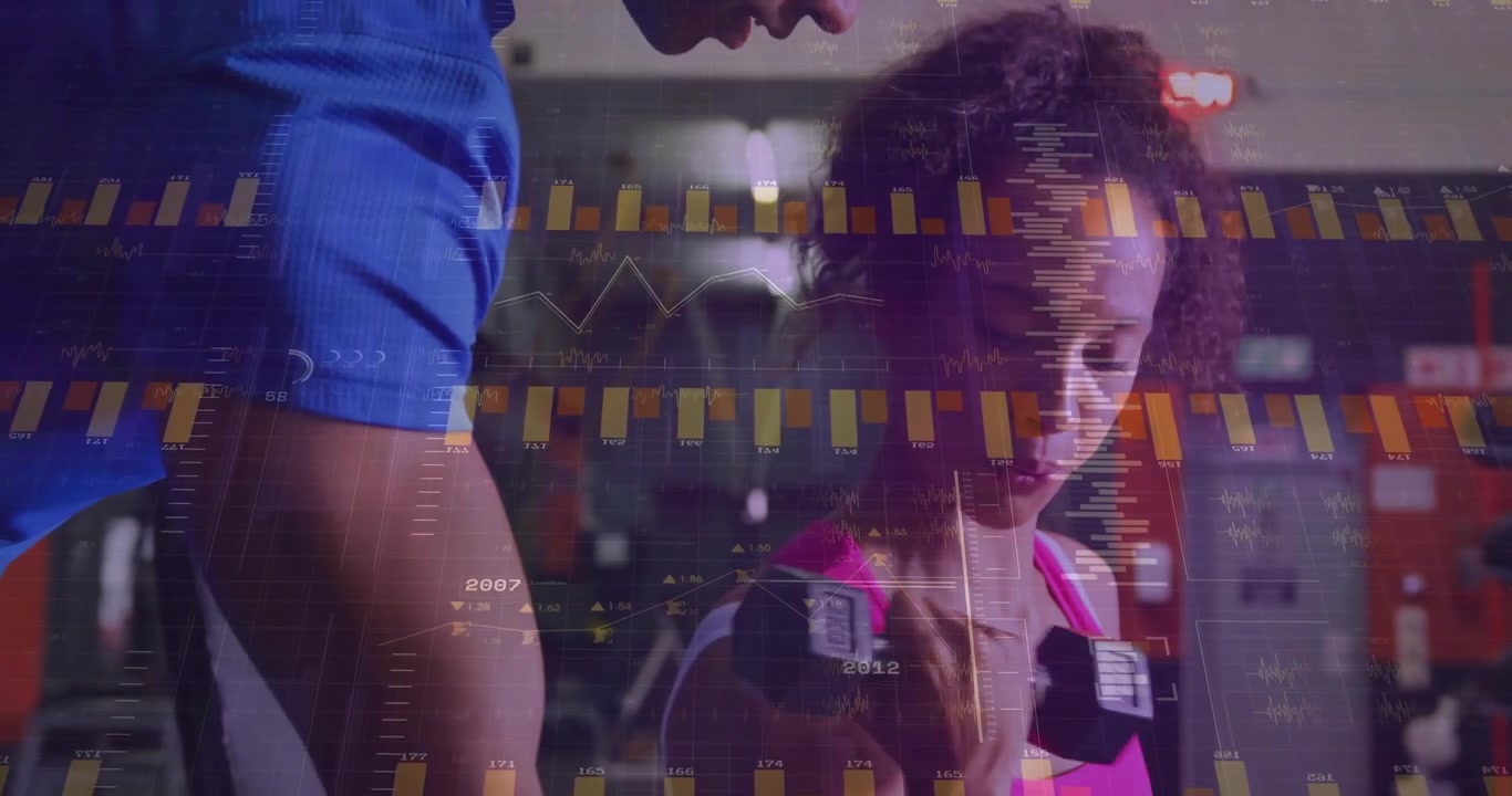 Woman starting dumbbell curl while charts sliding in for fitness tracking and coach guiding form