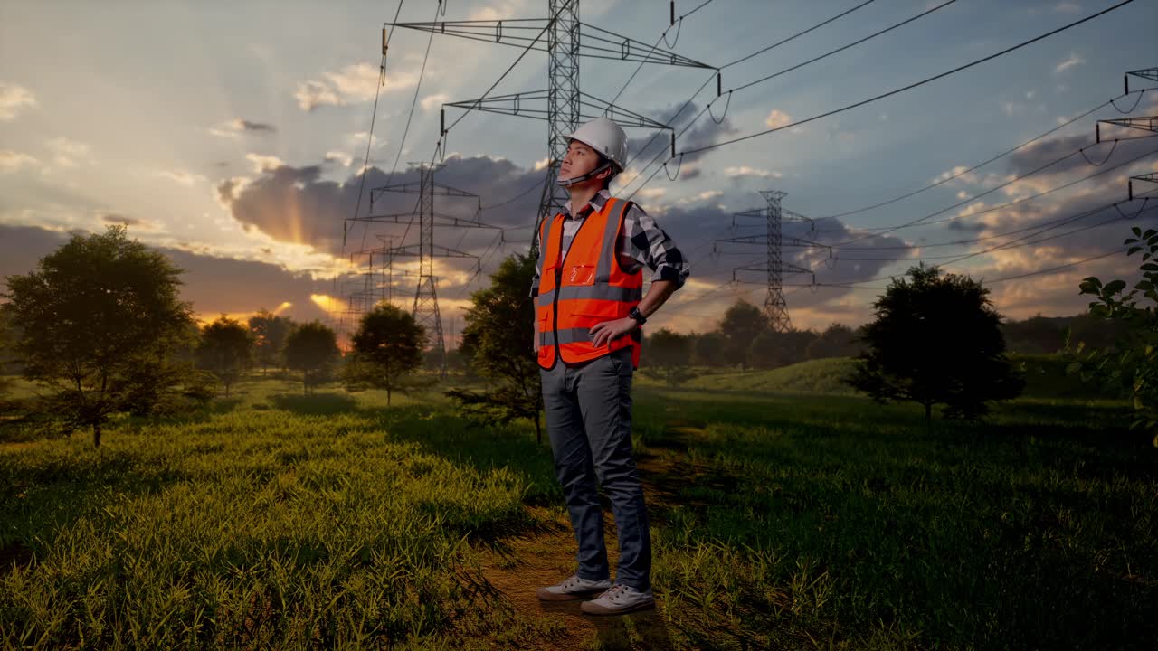Engenheiro com colete de segurança perto de linhas de energia ao pôr do sol