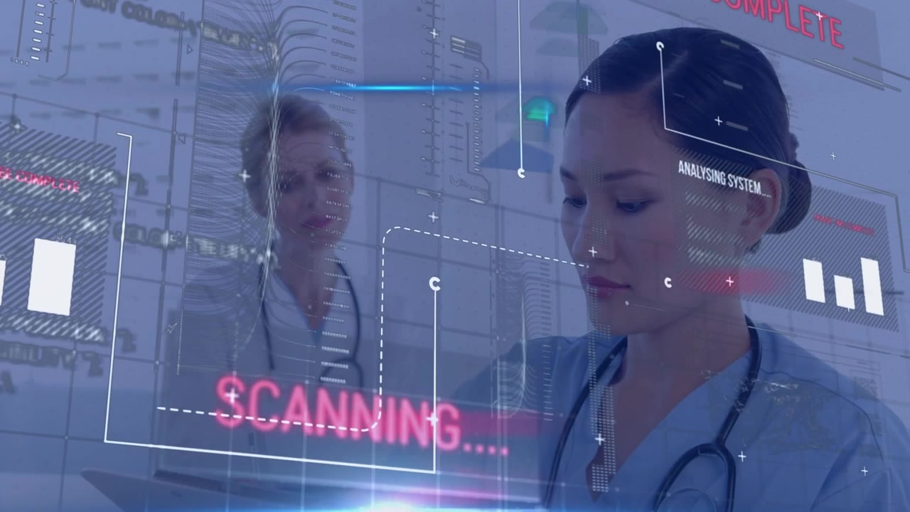 Animation of data processing over asian female doctor writing on clipboard at hospital