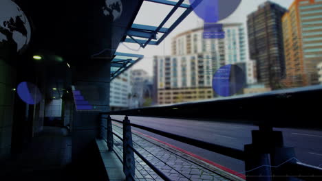 global data analysis animation over urban cityscape with modern buildings and street