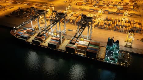 aerial view of a cargo ship and cranes at a busy container port at night