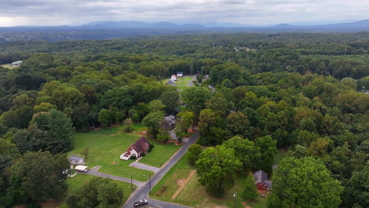 Ripresa aerea con tilt up di un tranquillo quartiere americano con alberi verdi della foresta in estate. Bellissimo paesaggio lussureggiante in Pennsylvania, USA. Auto su strada che lascia un piccolo villaggio. Campo lungo.