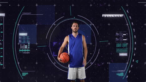 animation of caucasian male basketball player over scope scanning on black background