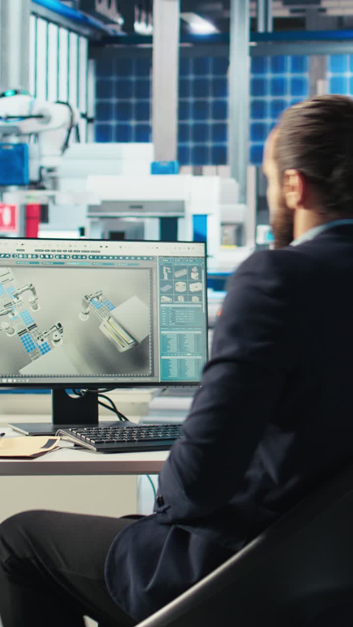 Vertical Video Photovoltaics Factory Manager Looking Over Schematics, Instructing Worker
