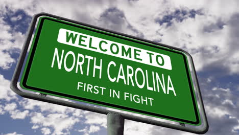 bienvenido a carolina del norte, estado de estados unidos señal de carretera, primero en la lucha, animación 3d realista
