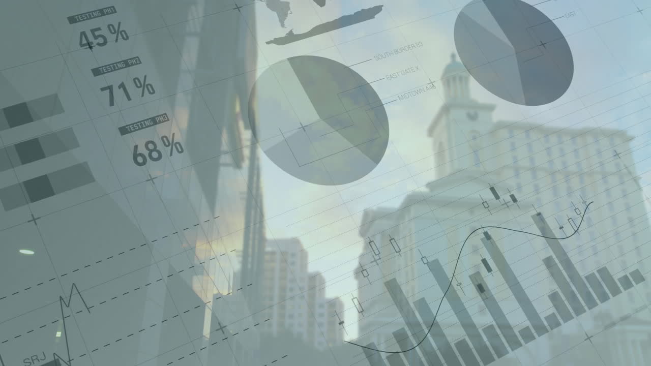 Animation of financial data processing over cityscape