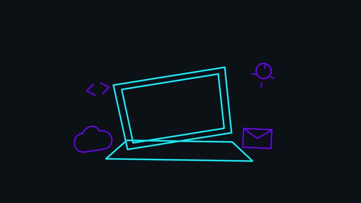 Icona animata di laptop al neon con simboli digitali fluttuanti