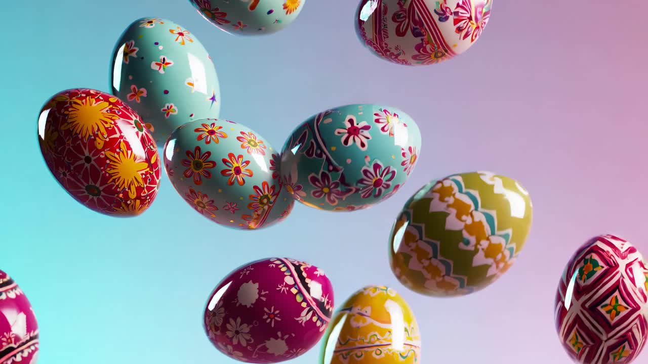 Colorful, intricately decorated Easter eggs float mid-air against a pink-blue gradient background