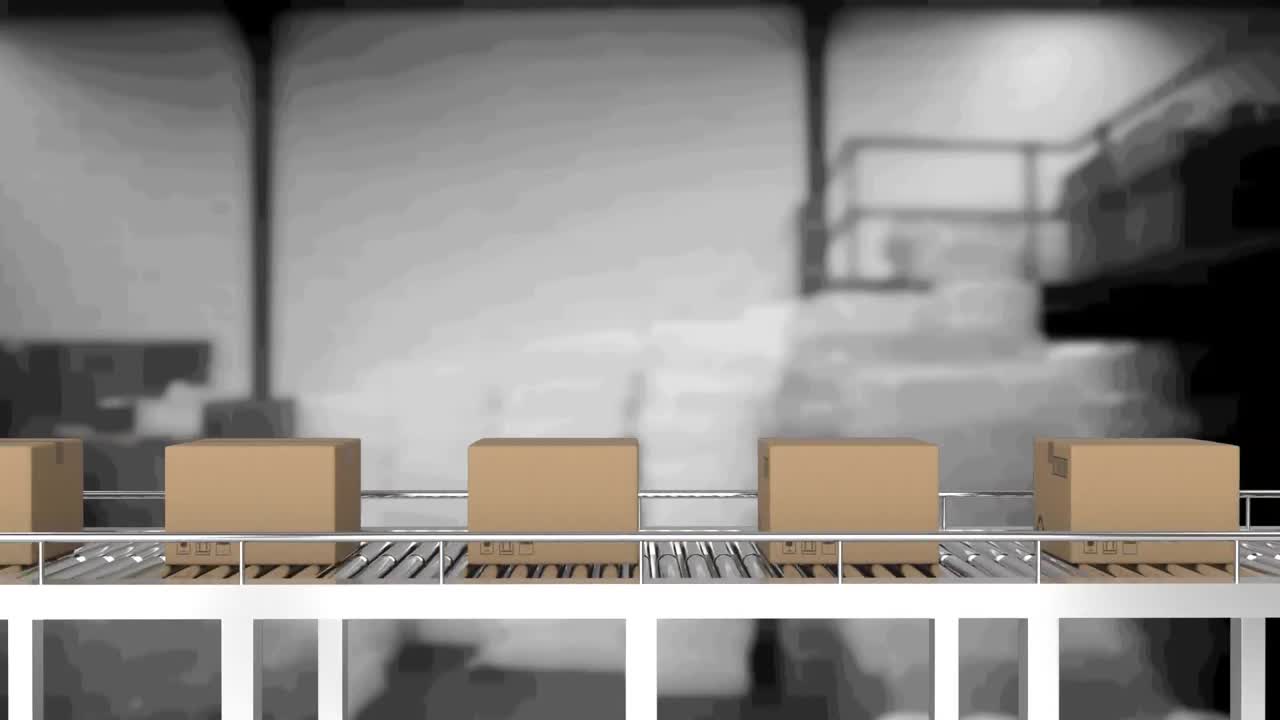 animación de cajas de cartón que se mueven en cinta transportadora en el almacén