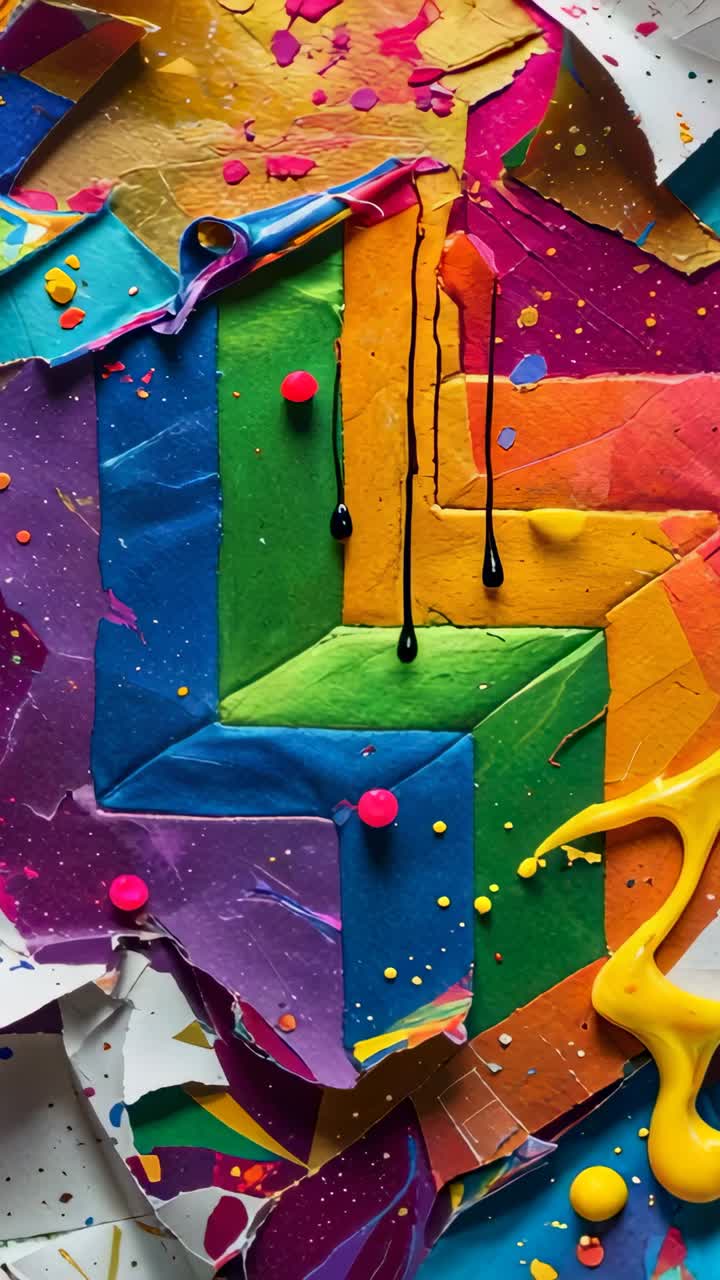 Vertical video: Panning camera showing rainbow paper collage on craft desk, with paint drips, cards