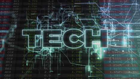 Animation of tech text and digital data processing over black background