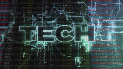 animation of tech text and digital data processing over black background