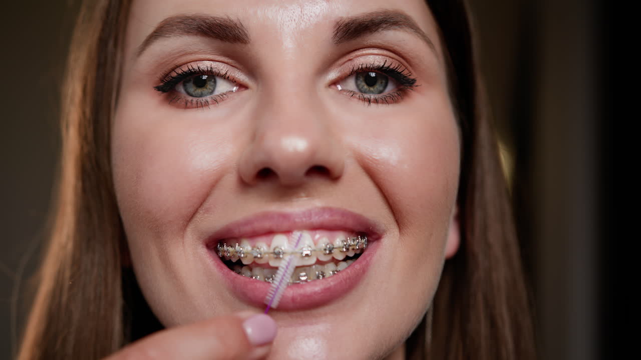 женщина чистит зубы с помощью брекетов