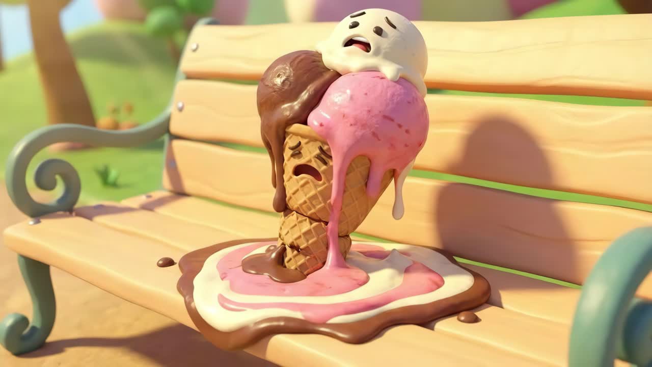 Desenhos de personagens de desenho animado de sorvete derretendo em um banco