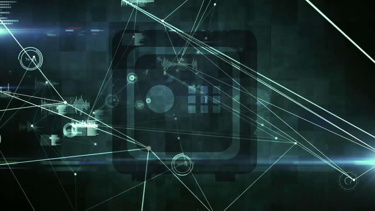 Digital animation of network of connections over security vault icon on green background