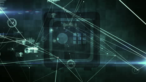 animación digital de la red de conexiones sobre el icono de la bóveda de seguridad sobre fondo verde