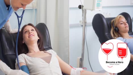 animación del texto de donar sangre con bolsa de sangre y logotipo del corazón, sobre la enfermera y los donantes sonrientes
