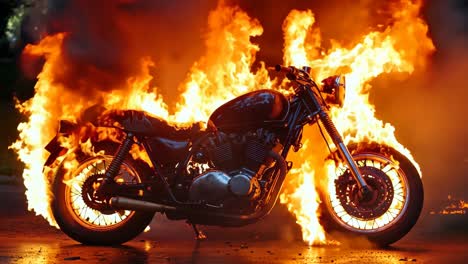 a motorcycle is engulfed by flames on a dark background