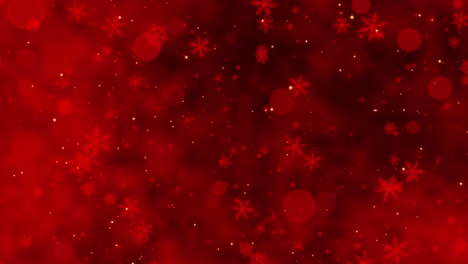 confeti rojo, copos de nieve y luces bokeh en el fondo rojo de navidad