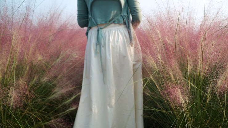 Donna in forma con un vestito che cammina attraverso l'erba Muhly rosa in fiore alla Fattoria di Herb Island - Ripresa statica da bassa angolazione al rallentatore