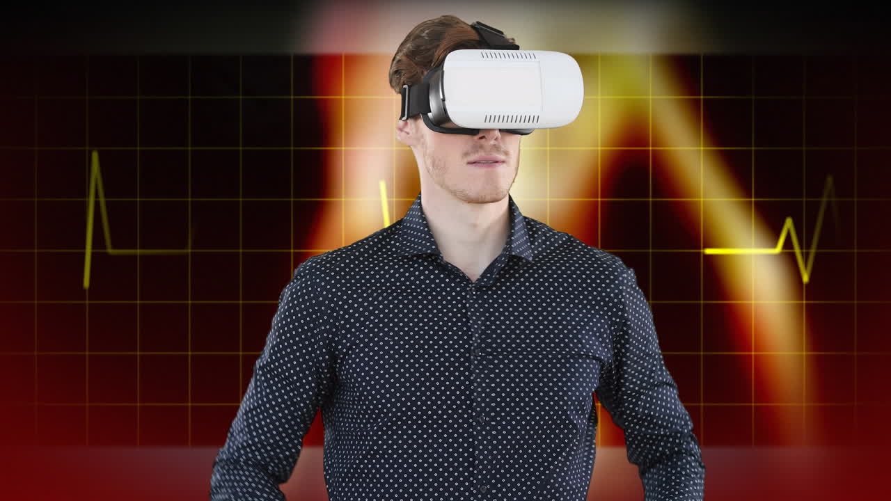 animación de un hombre con auriculares vr sobre un monitor de frecuencia cardíaca en la cuadrícula