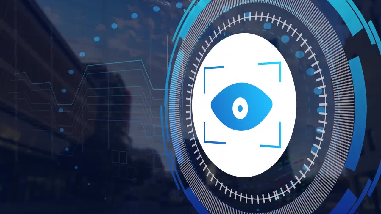 animación de partículas blancas que caen sobre el escáner redondo contra el lapso de tiempo del tráfico de la ciudad