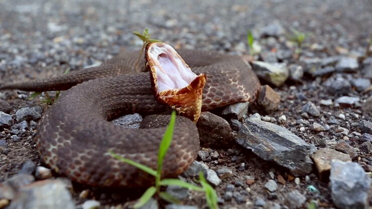 Serpente testa di rame che mostra le zanne