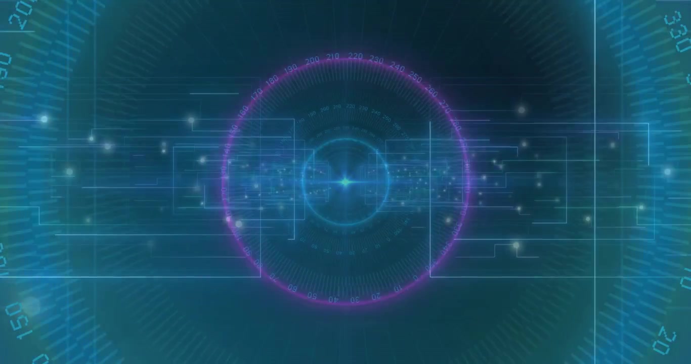 Central glow sparking neon rings pulsing, rotating data nodes connecting grid for interface looping