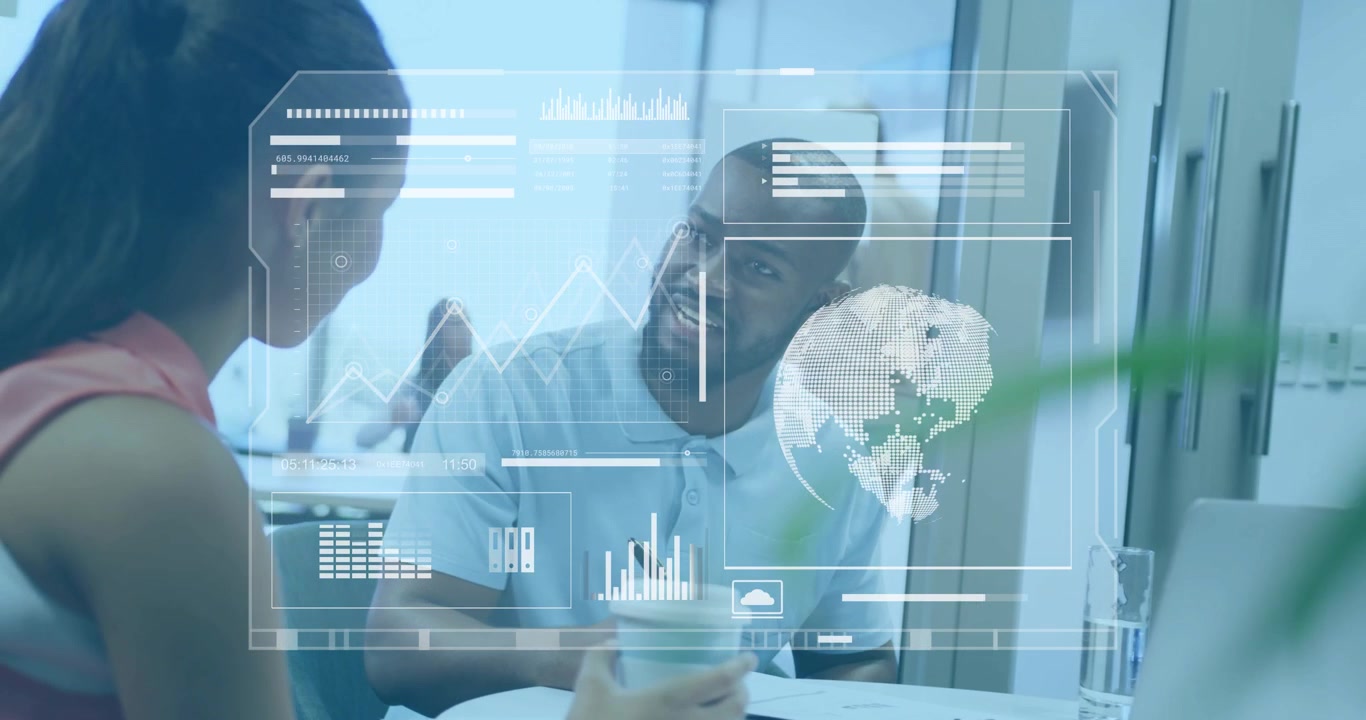 Woman holding cup gesturing at laptop, HUD aligning with cup, man looking up explaining business