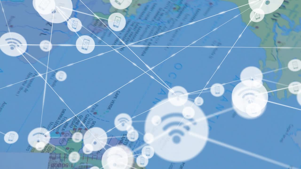 Animation af et forbindelsesnetværk med wi-fi-ikoner over et kort.