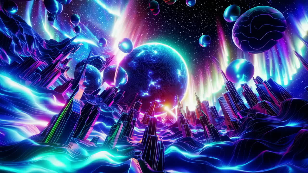 Vibrant Sci-Fi Dreamscape with Neon Orbs and Futuristic Structures