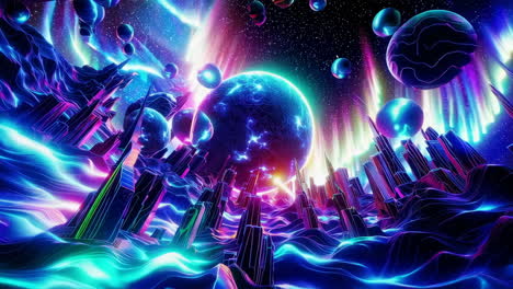 vibrant sci-fi dreamscape with neon orbs and futuristic structures