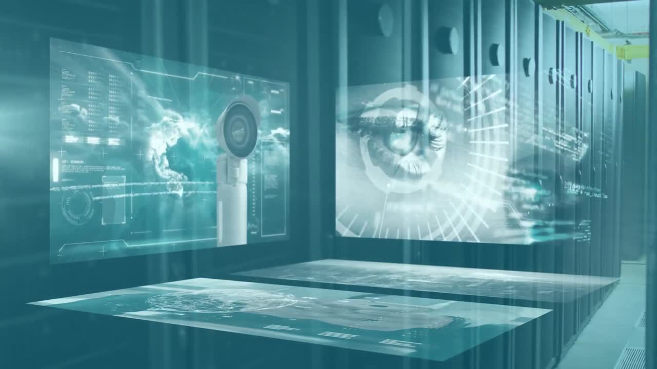 스크린과 컴퓨터 서버를 통해 데이터 처리의 애니메이션