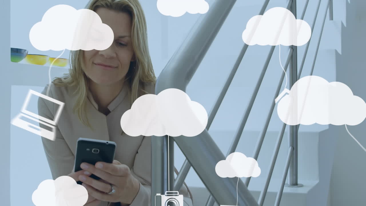 Animation of clouds and media icons over woman using smartphone